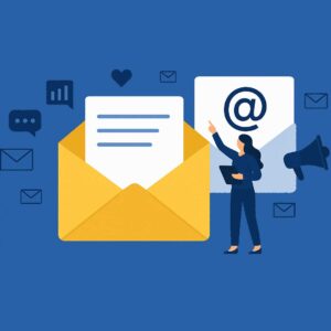 Email Marketing Mastery: Crafting Compelling Campaigns to Boost Customer Engagement - Image of a woman in front of a large envelope with an @ symbol