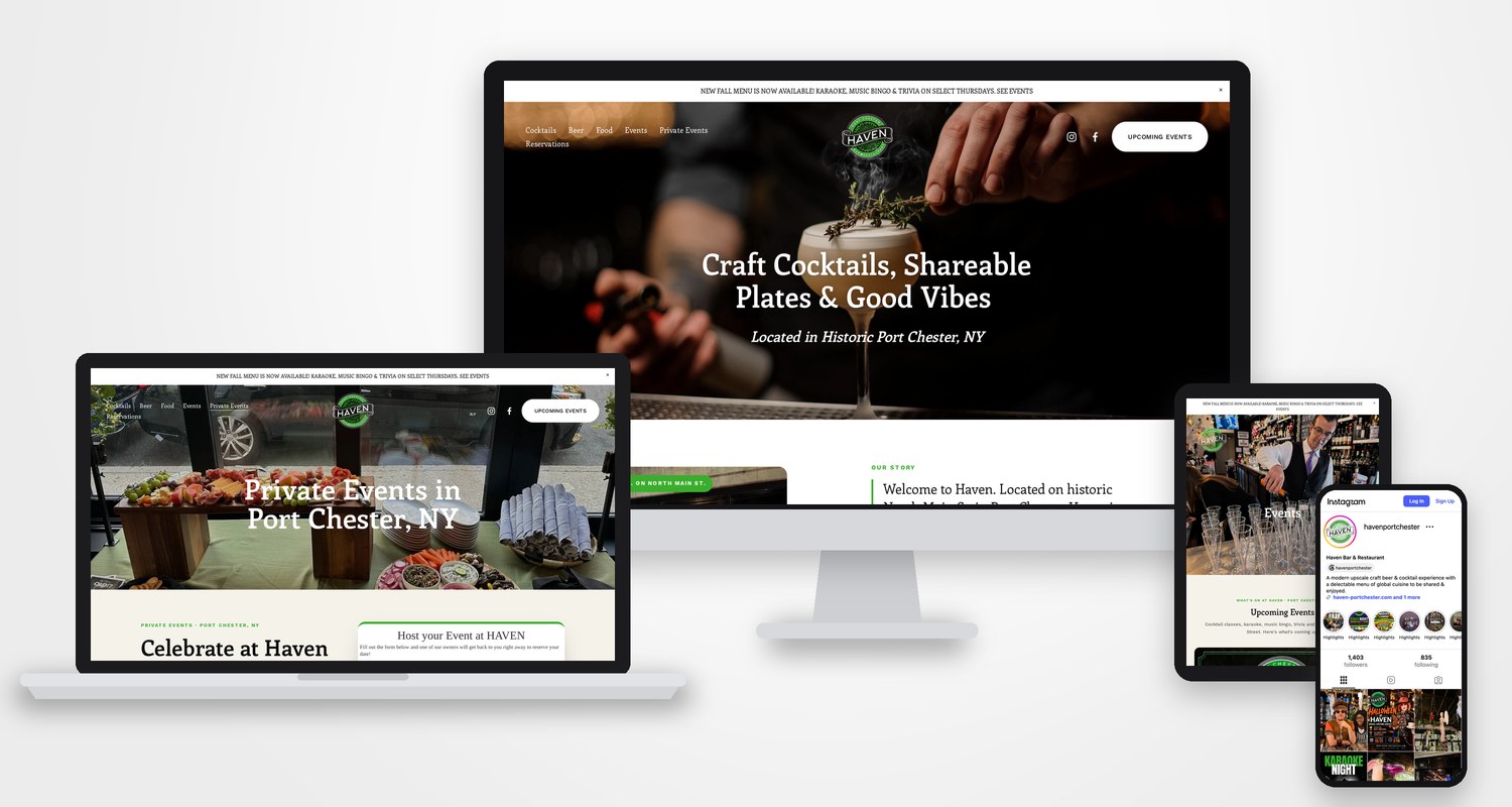 Haven Port Chester website and Instagram shown on desktop, laptop, tablet and phone